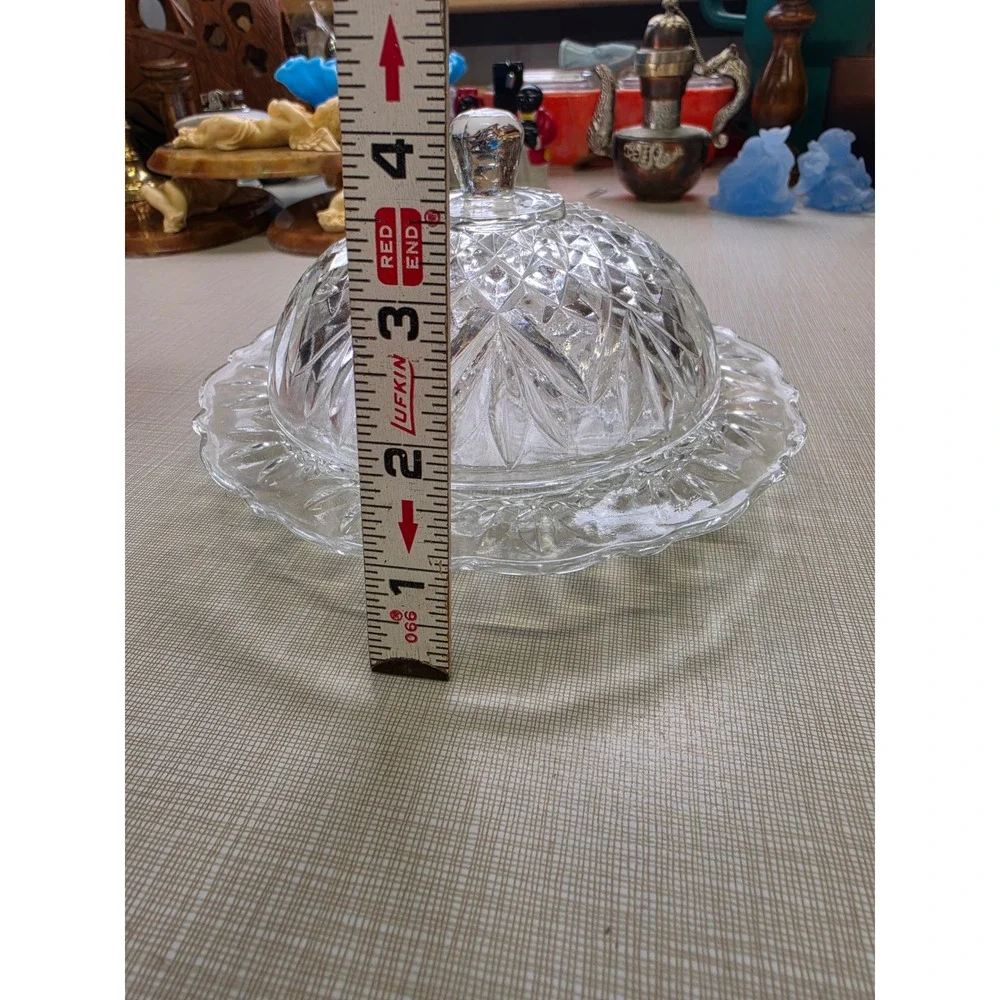 Vintage Clear Pressed Glass Round Butter Dish with Domed Lid Starburst Diamond